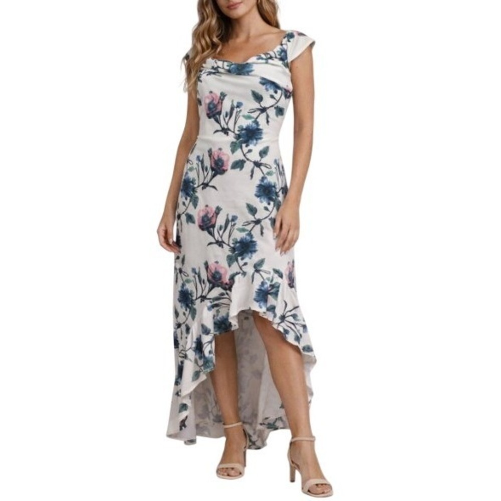 Venus Floral Midi Dress Women L White Multi Off Shoulder High Low Resort Elegant